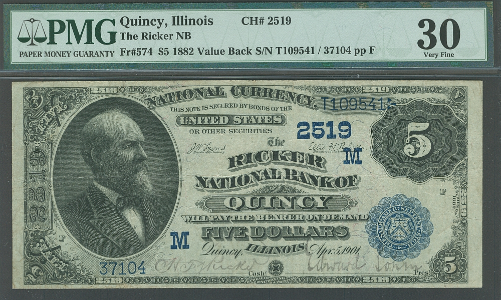 Quincy, IL, Ch.2519, 1882VB $5, Ricker National Bank, VF+, 37104, PMG-30